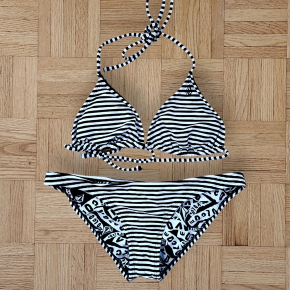 Volcom reversible stripe logo halter tie bikini swimsuit - Picture 2 of 5